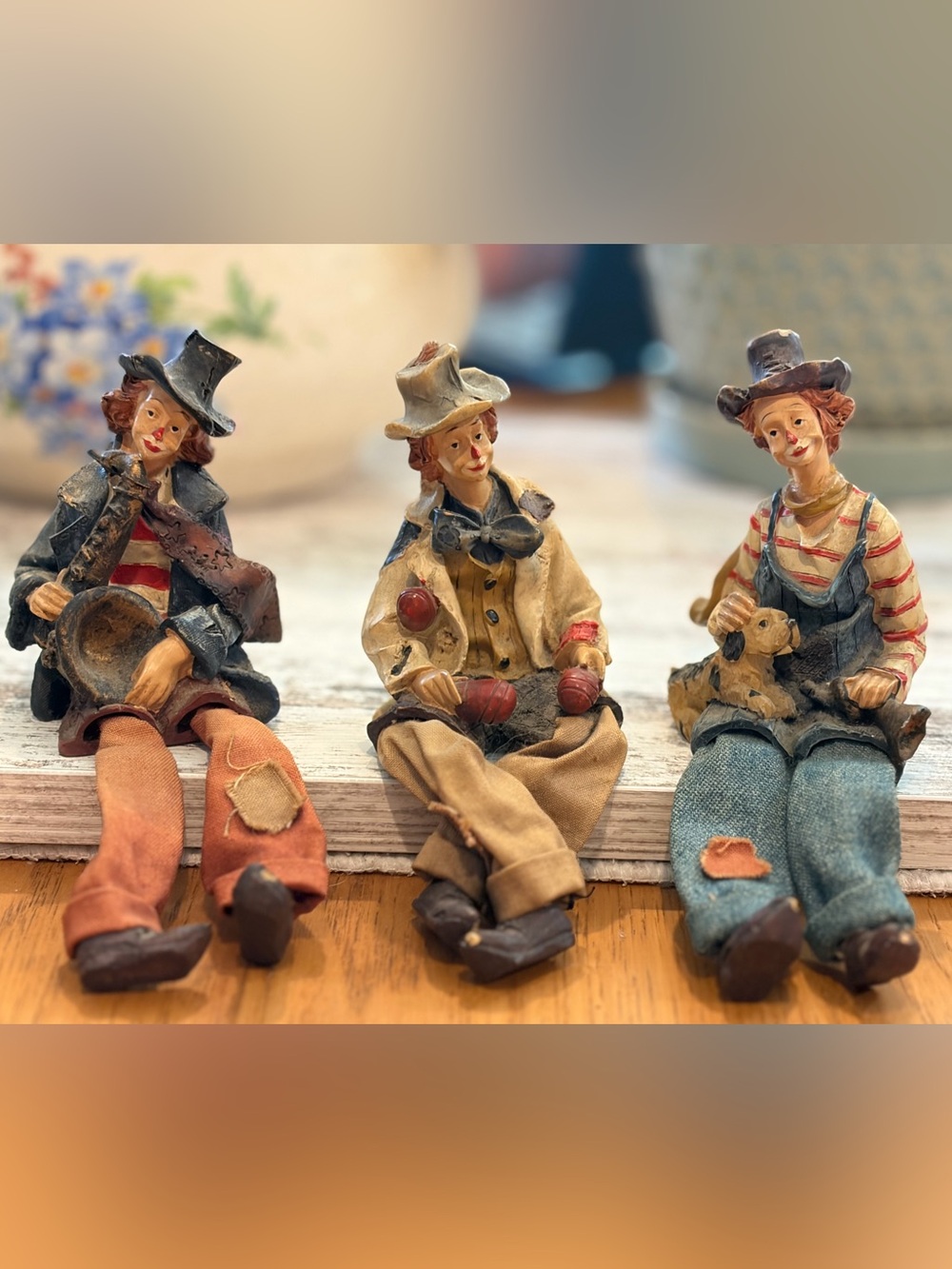 VTG Whimsical Hobo Shelf Sitting Clown Figurine Home Accent Set of 3